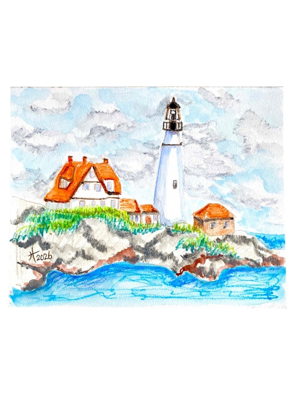 Remote Lighthouse Original Art Watercolor Painting 11x14in Matted Frame Ready